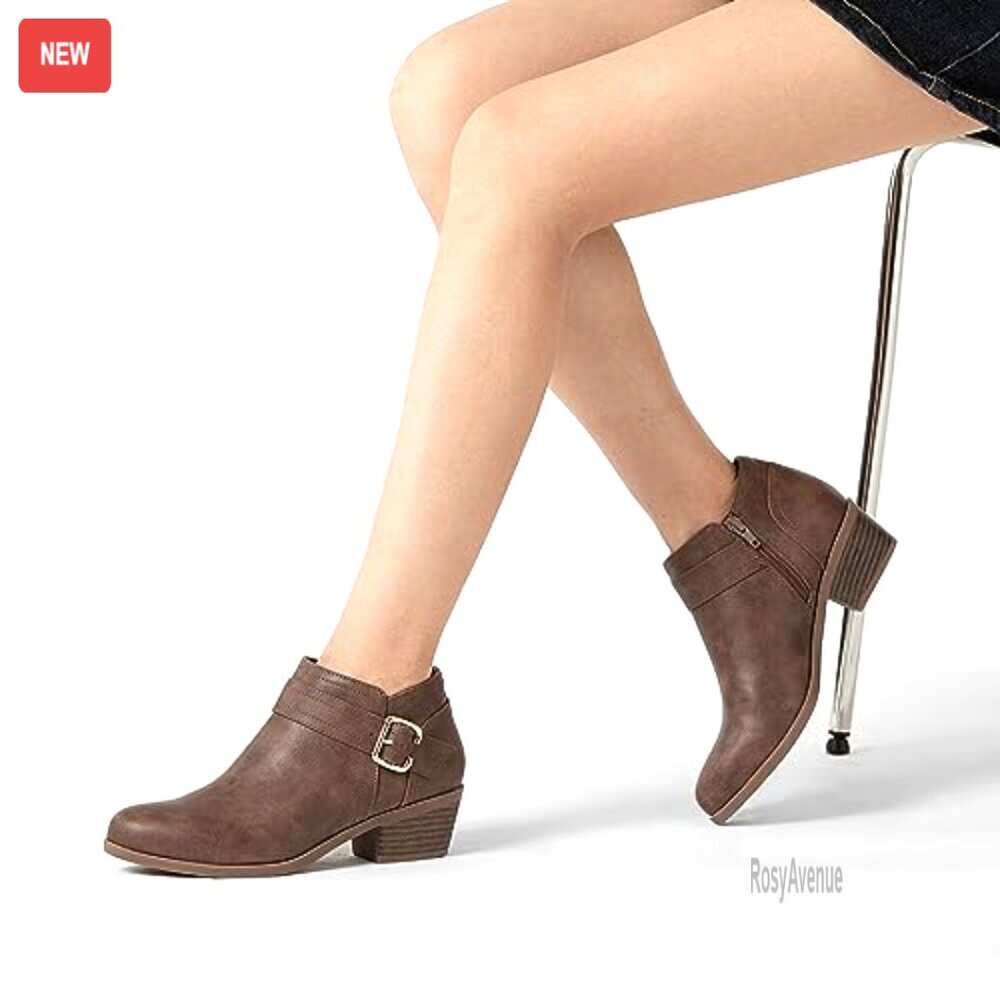Chunky Low Heel Ankle Boots Pointed Toe Side Zipper Booties Women's Shoes - Picture 2 of 7